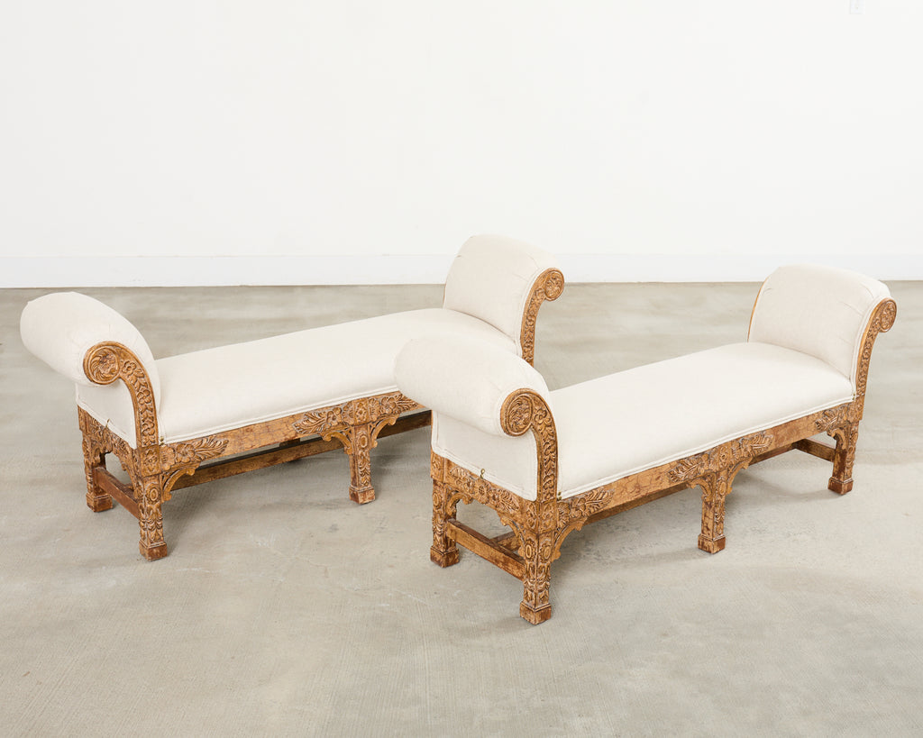 Pair of Italian Baroque Style Scroll Arm Benches 5 Ft.