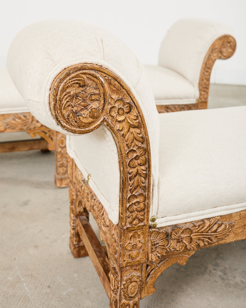 Pair of Italian Baroque Style Scroll Arm Benches 5 Ft.