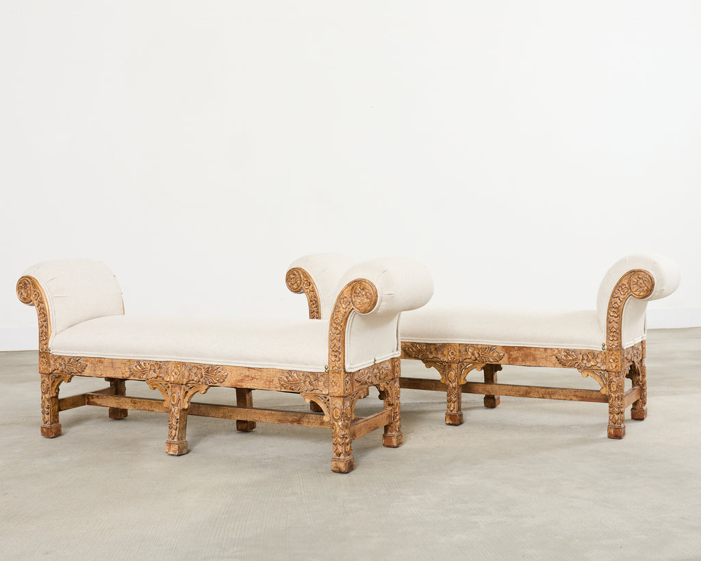 Pair of Italian Baroque Style Scroll Arm Benches 5 Ft.