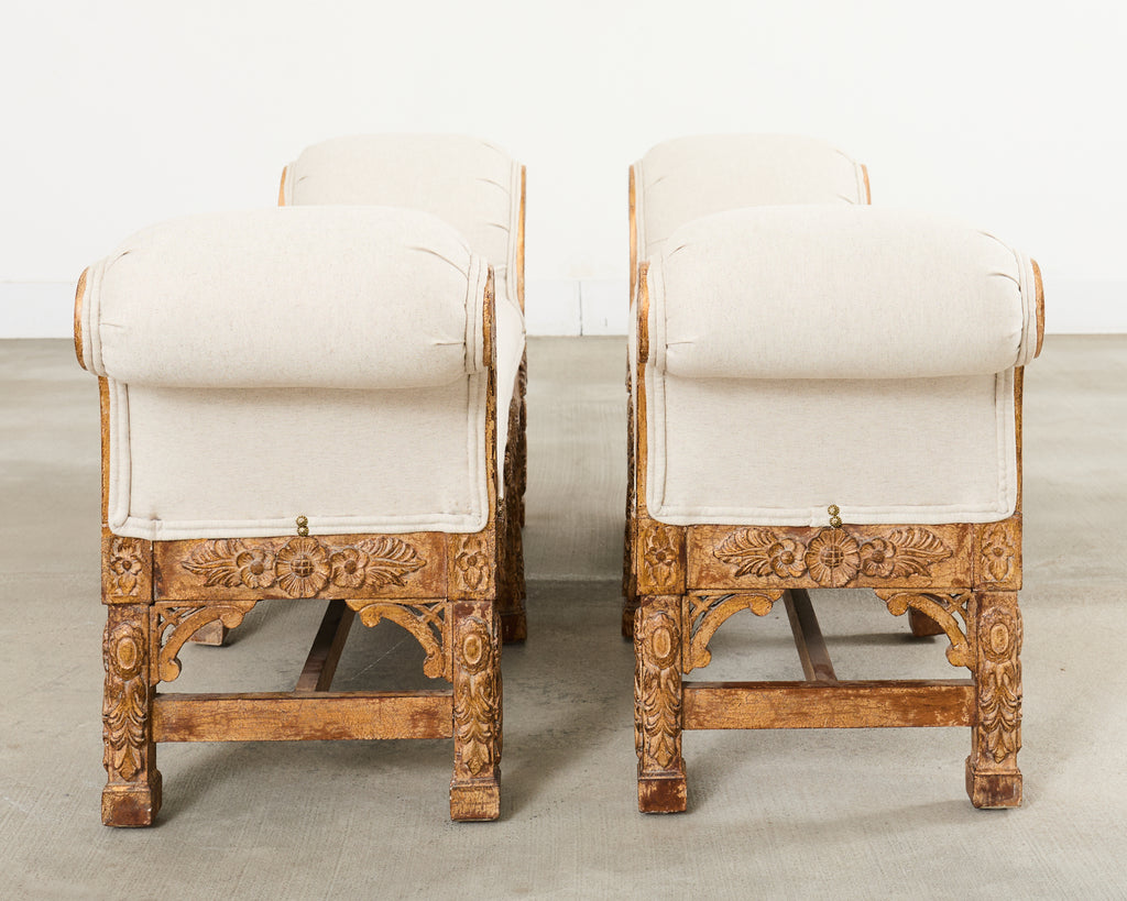 Pair of Italian Baroque Style Scroll Arm Benches 5 Ft.