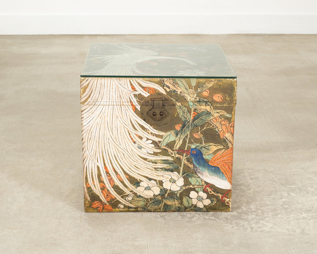 Chinese Qing Style Painted Exotic Birds Leather Trunk Table