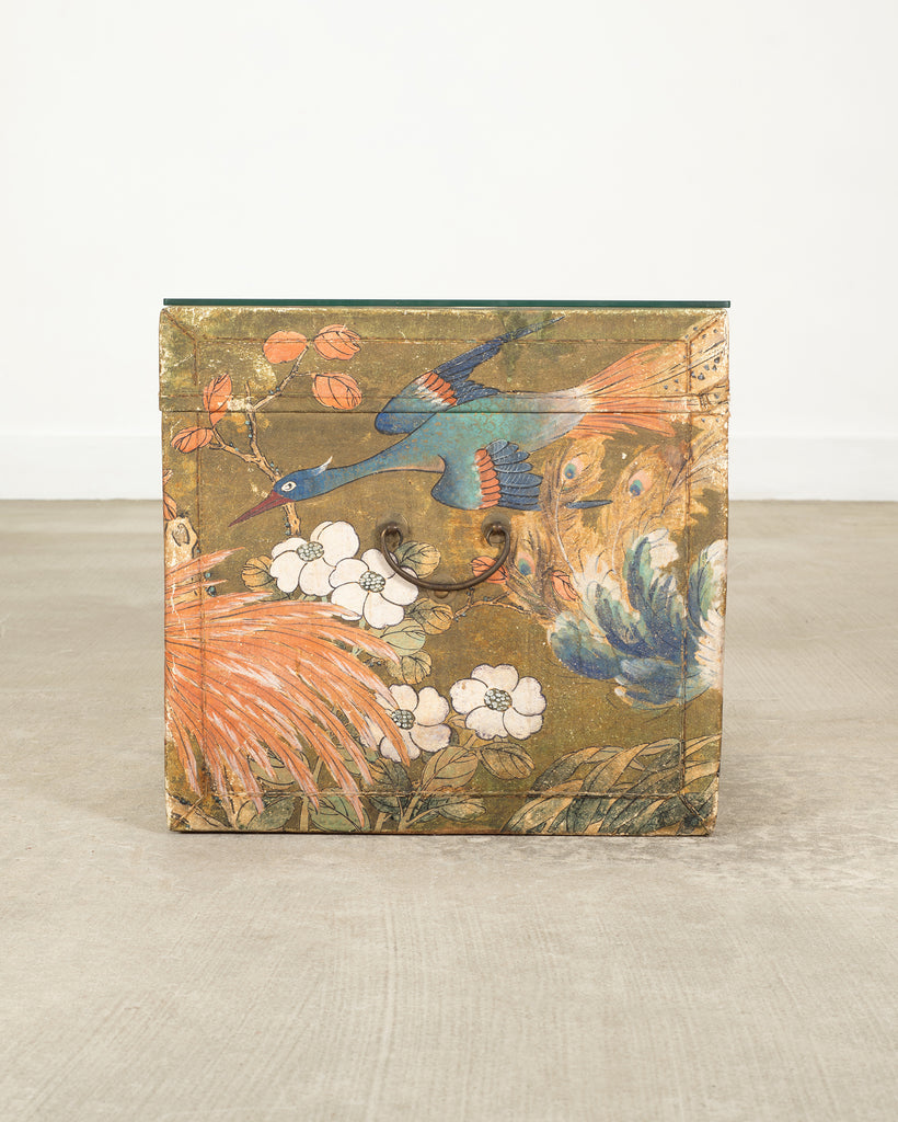 Chinese Qing Style Painted Exotic Birds Leather Trunk Table
