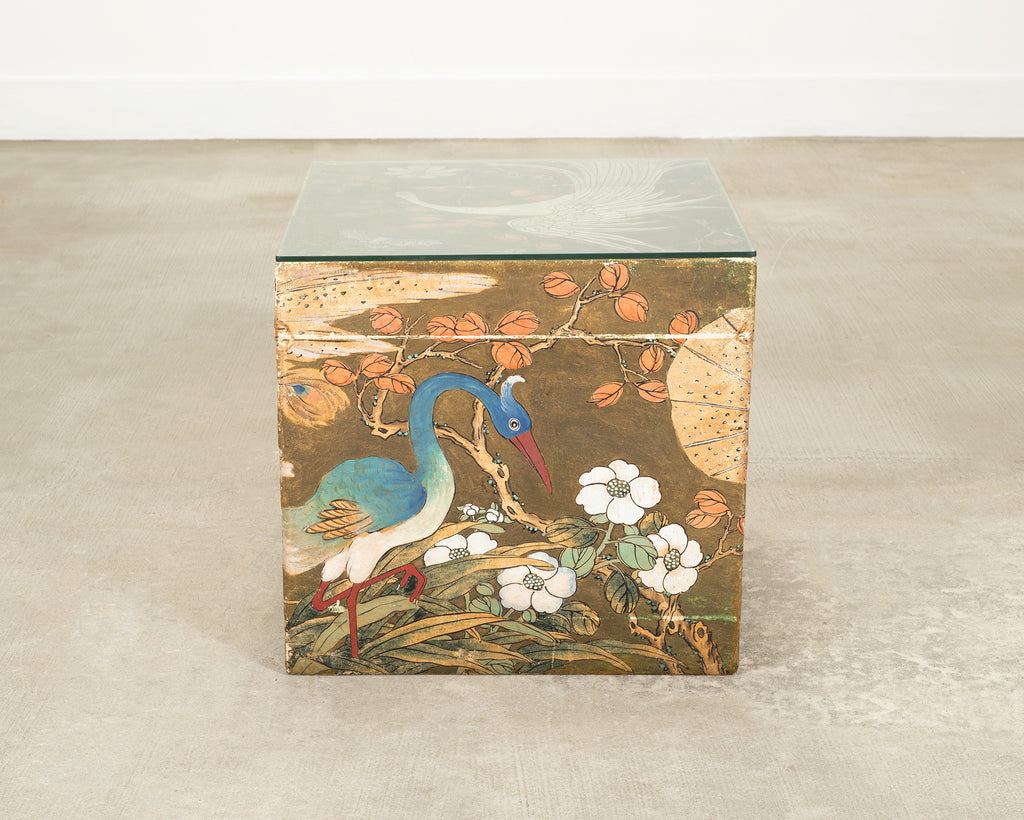 Chinese Qing Style Painted Exotic Birds Leather Trunk Table