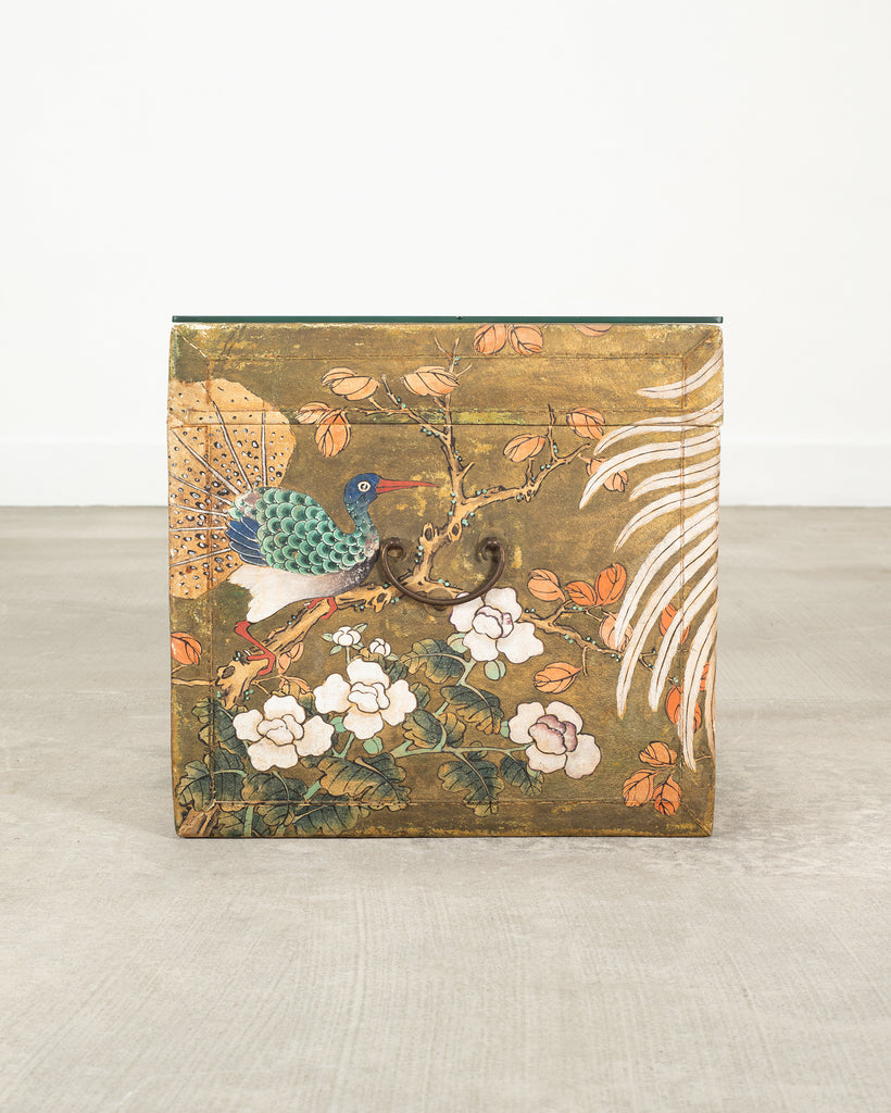 Chinese Qing Style Painted Exotic Birds Leather Trunk Table