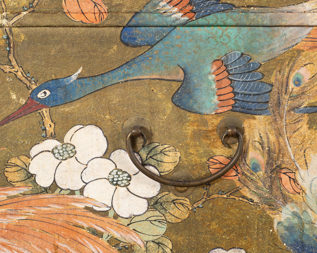 Chinese Qing Style Painted Exotic Birds Leather Trunk Table