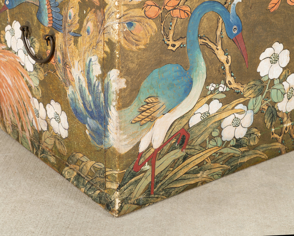 Chinese Qing Style Painted Exotic Birds Leather Trunk Table