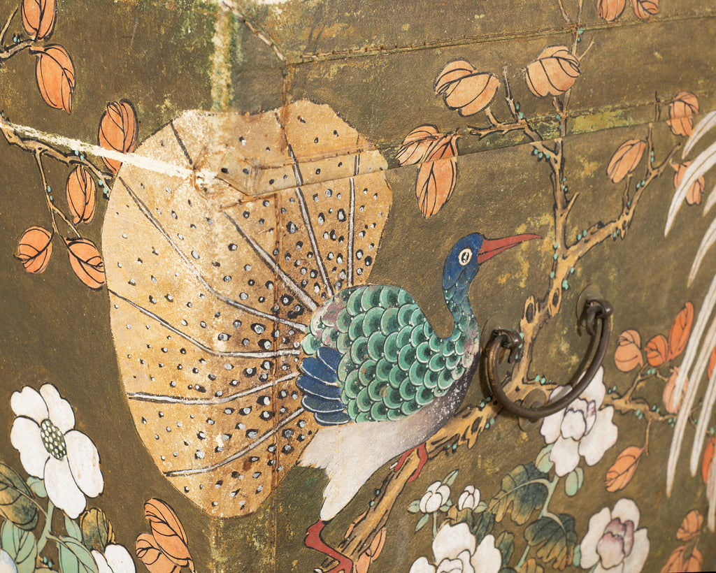 Chinese Qing Style Painted Exotic Birds Leather Trunk Table