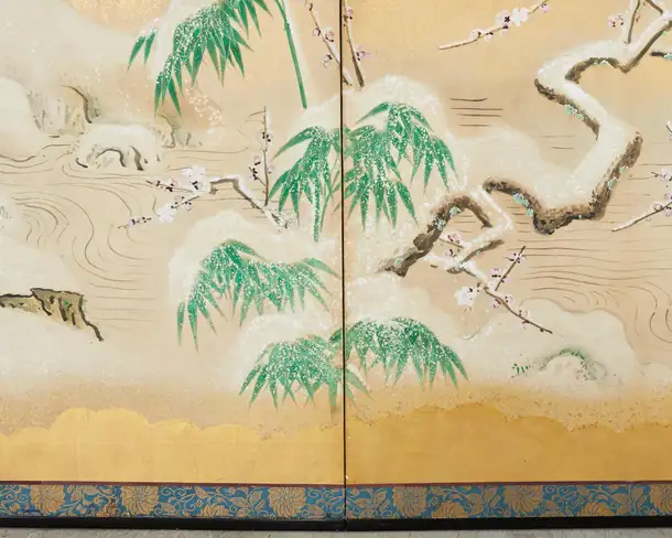 Japanese Showa Four Panel Screen Snowy Winter Landscape
