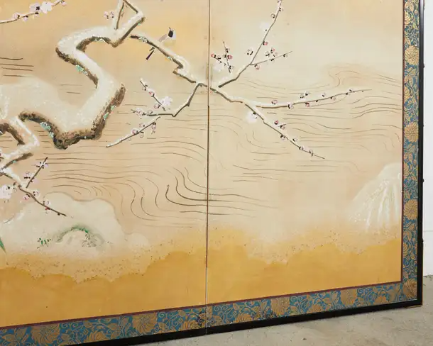 Japanese Showa Four Panel Screen Snowy Winter Landscape