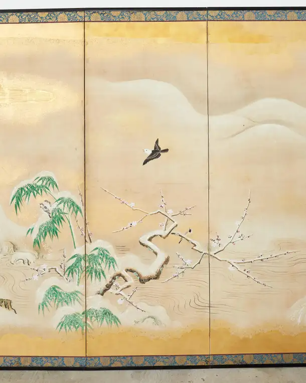 Japanese Showa Four Panel Screen Snowy Winter Landscape