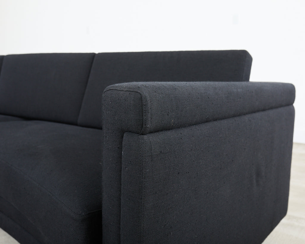 Modern Curved Sofa in Black Linen After Edward Wormley