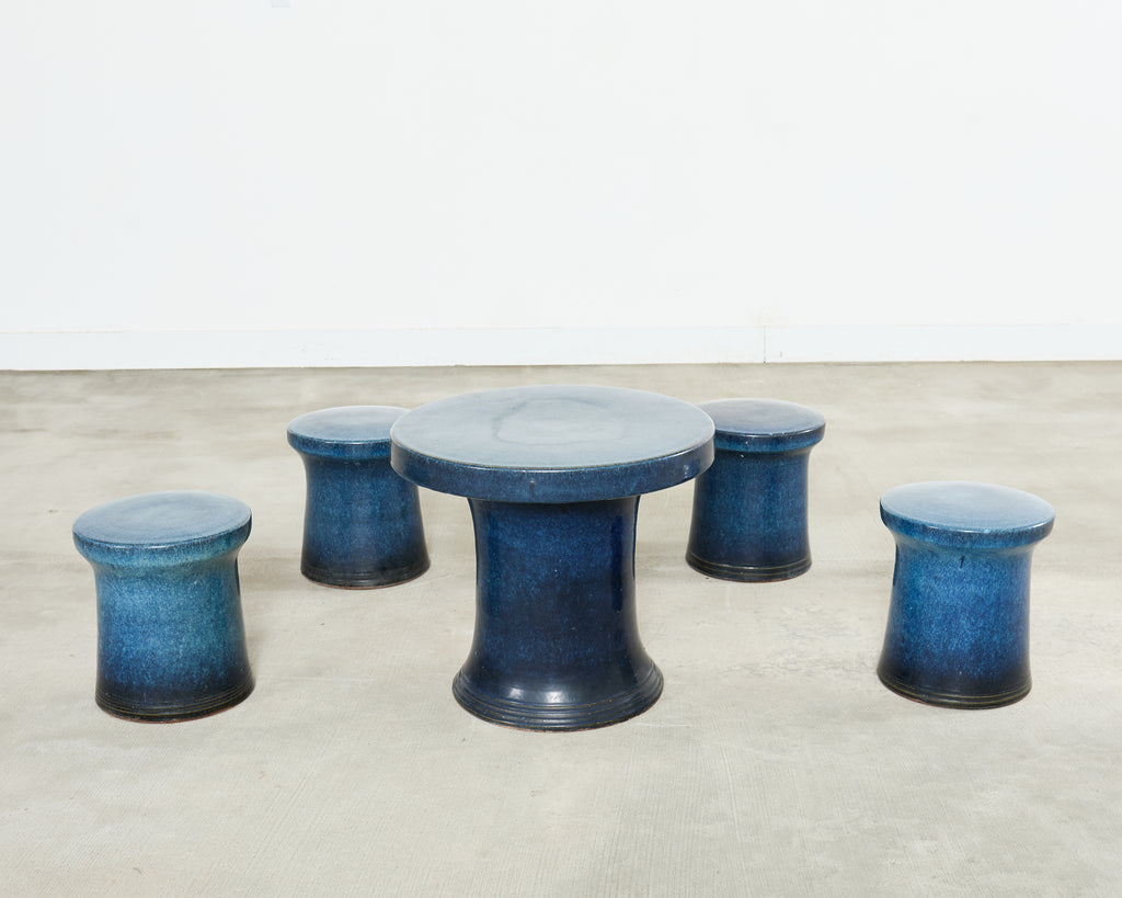 Japanese Showa Ceramic Tea Garden Dining Table and Stools