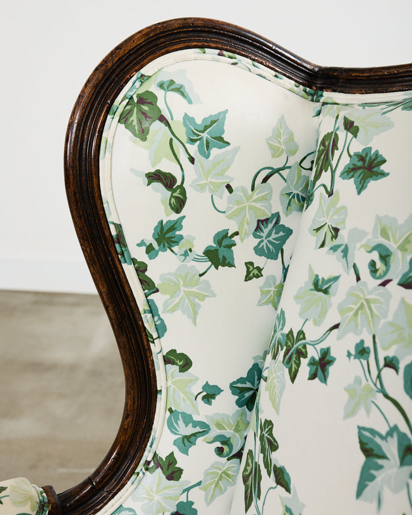 Pair of Country French Provincial Walnut Botanical Wingback Chairs