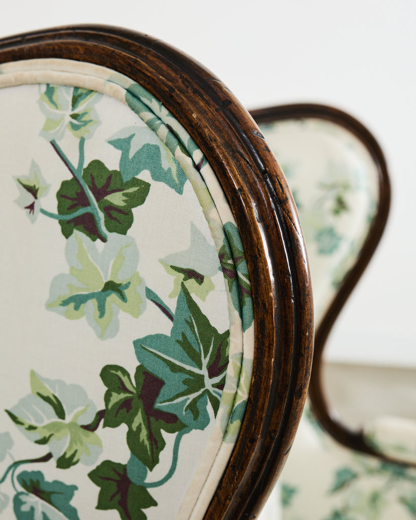 Pair of Country French Provincial Walnut Botanical Wingback Chairs