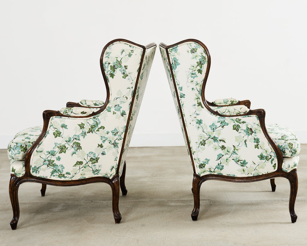 Pair of Country French Provincial Walnut Botanical Wingback Chairs