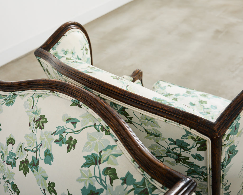 Pair of Country French Provincial Walnut Botanical Wingback Chairs