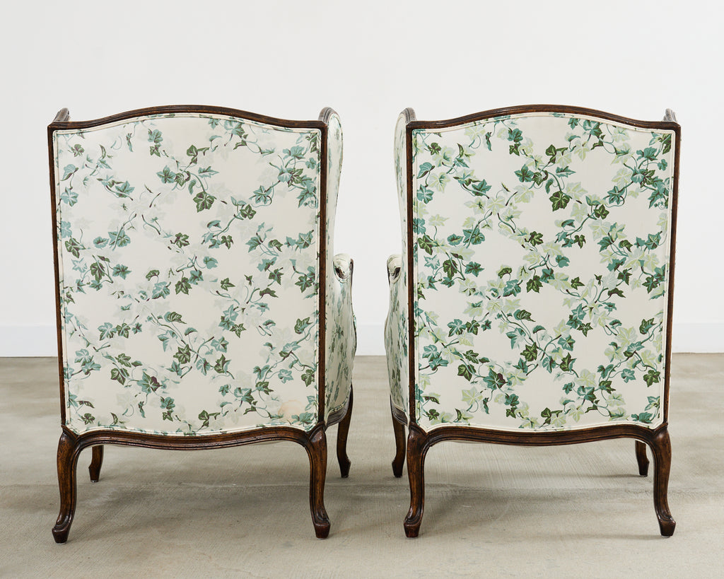 Pair of Country French Provincial Walnut Botanical Wingback Chairs