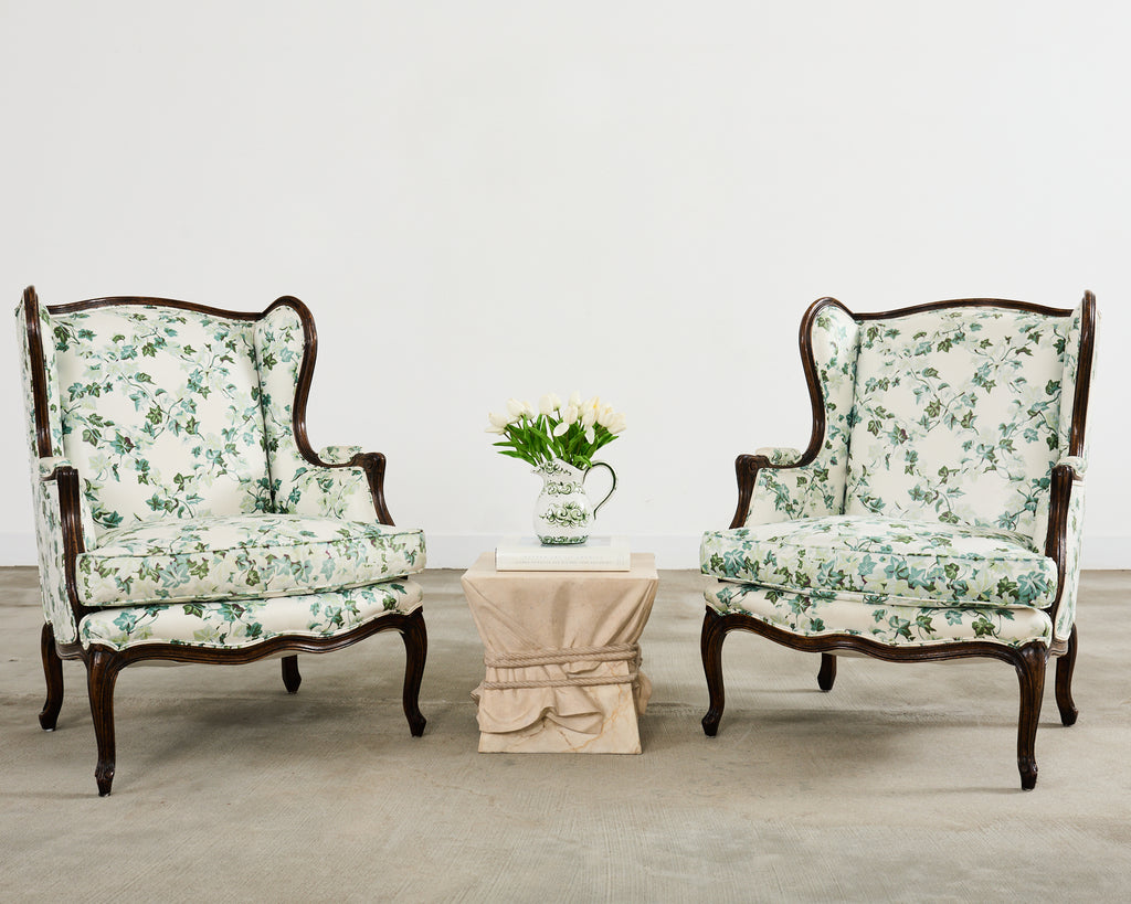 Pair of Country French Provincial Walnut Botanical Wingback Chairs