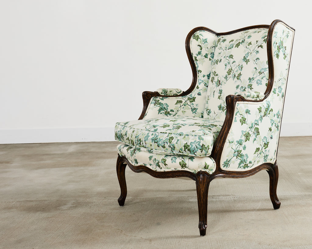 Pair of Country French Provincial Walnut Botanical Wingback Chairs