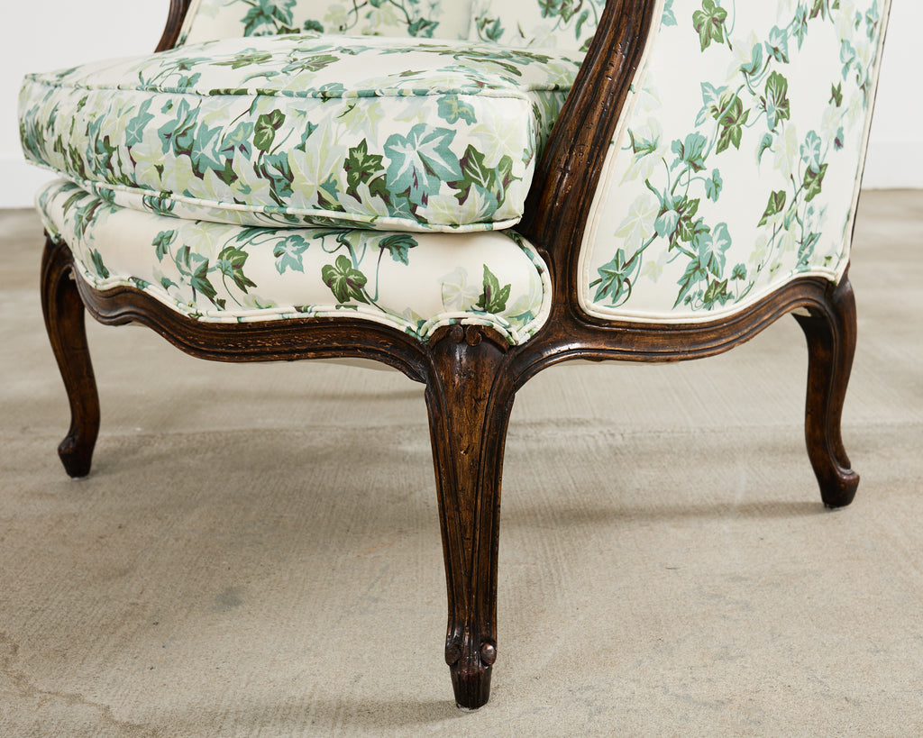 Pair of Country French Provincial Walnut Botanical Wingback Chairs