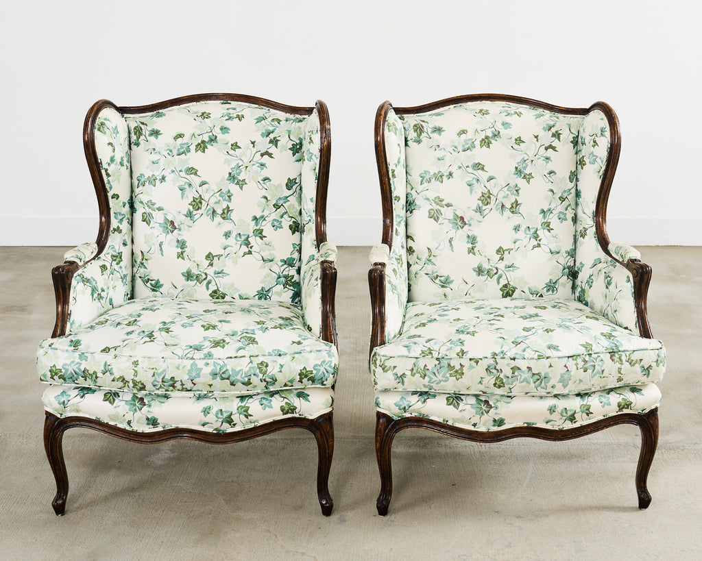 Pair of Country French Provincial Walnut Botanical Wingback Chairs