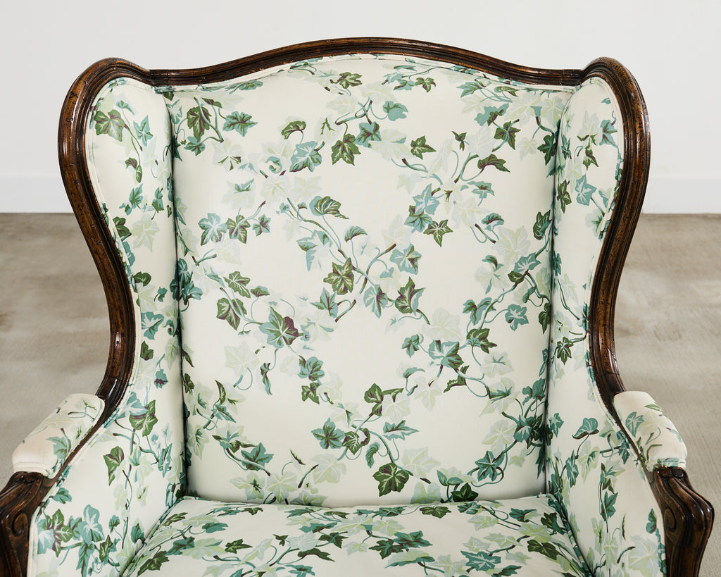 Pair of Country French Provincial Walnut Botanical Wingback Chairs