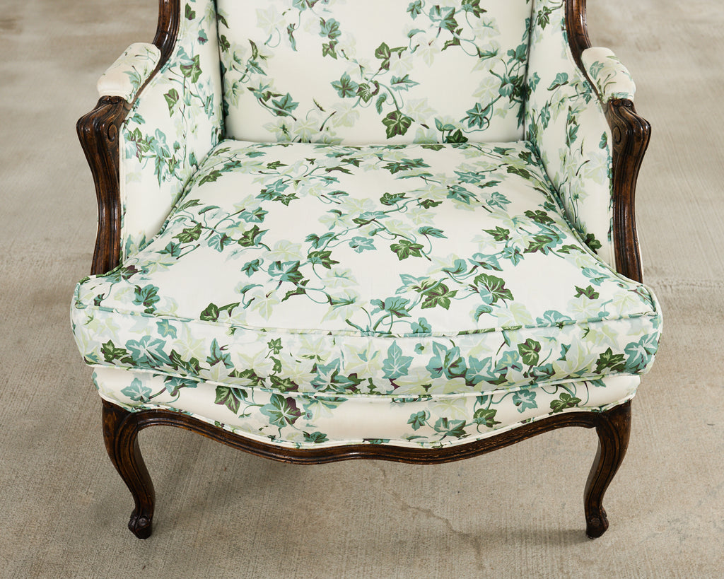 Pair of Country French Provincial Walnut Botanical Wingback Chairs