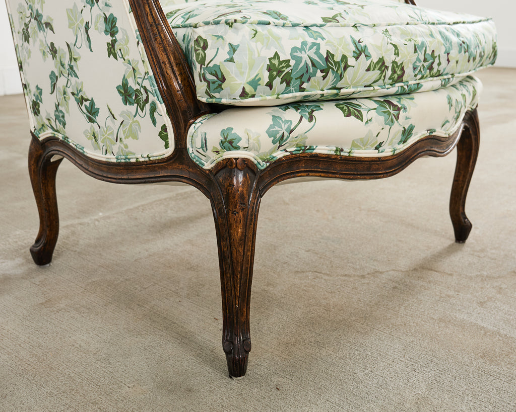 Pair of Country French Provincial Walnut Botanical Wingback Chairs