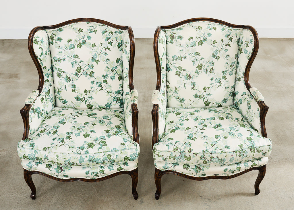 Pair of Country French Provincial Walnut Botanical Wingback Chairs
