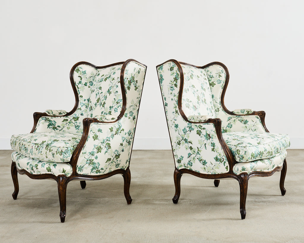 Pair of Country French Provincial Walnut Botanical Wingback Chairs