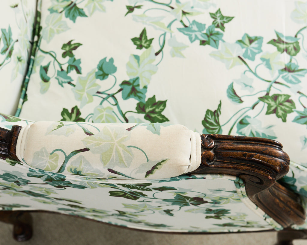 Pair of Country French Provincial Walnut Botanical Wingback Chairs