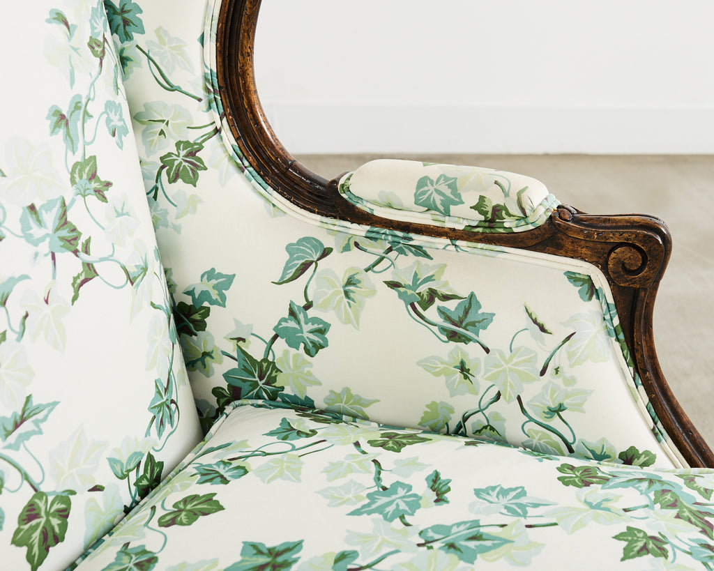 Pair of Country French Provincial Walnut Botanical Wingback Chairs