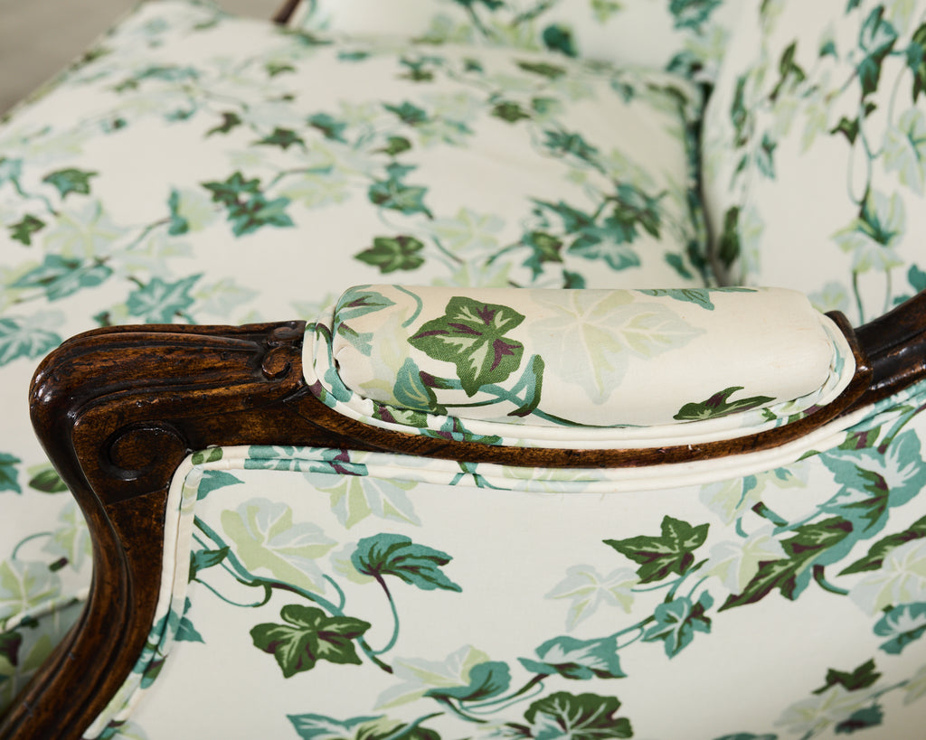 Pair of Country French Provincial Walnut Botanical Wingback Chairs