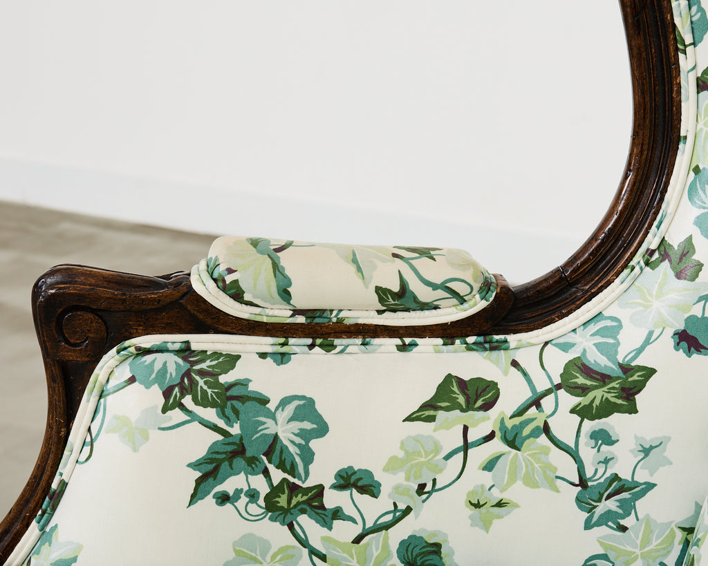 Pair of Country French Provincial Walnut Botanical Wingback Chairs