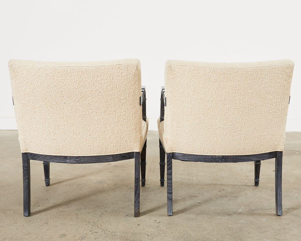 Pair of Modern Cerused Oak Faux Bamboo Bouclé Armchairs