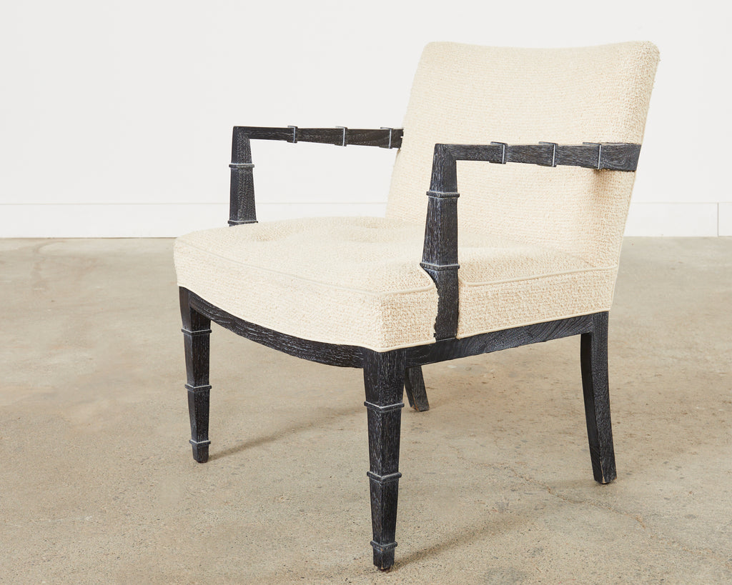 Pair of Modern Cerused Oak Faux Bamboo Bouclé Armchairs