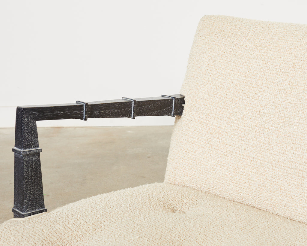 Pair of Modern Cerused Oak Faux Bamboo Bouclé Armchairs