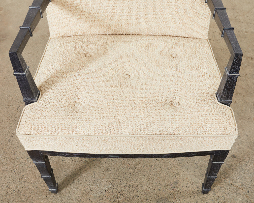 Pair of Modern Cerused Oak Faux Bamboo Bouclé Armchairs