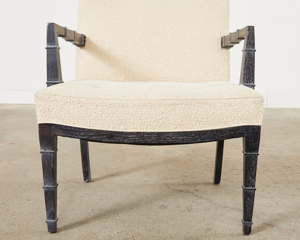 Pair of Modern Cerused Oak Faux Bamboo Bouclé Armchairs