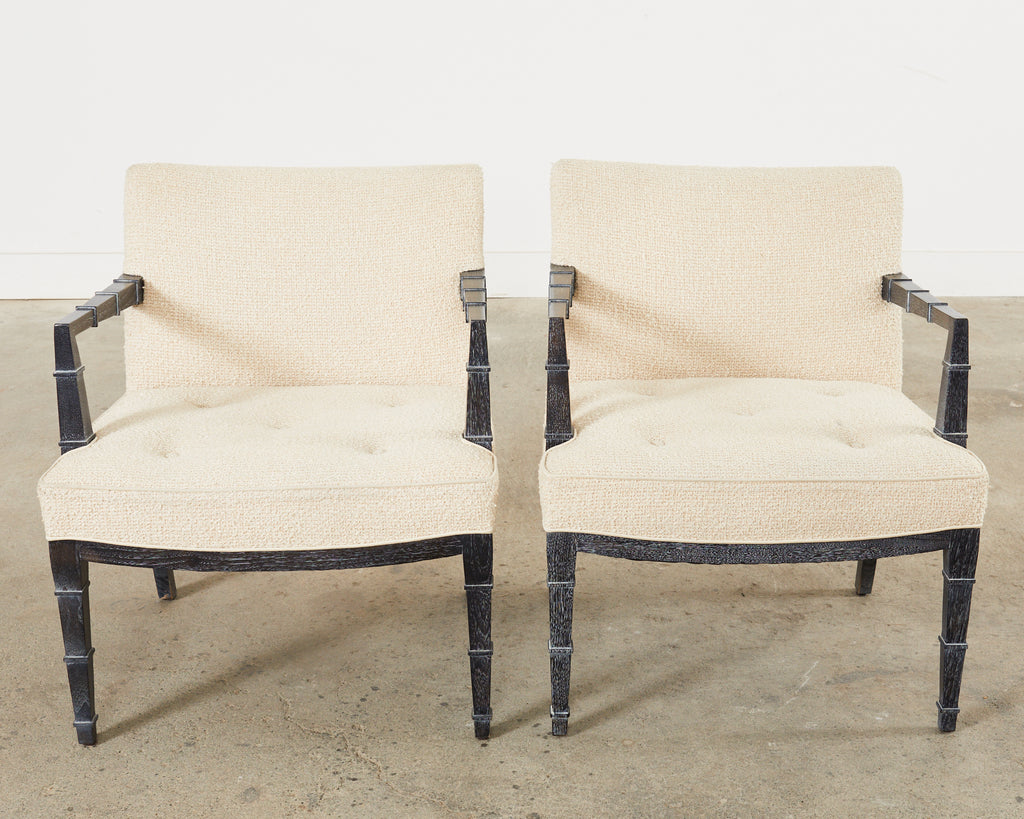 Pair of Modern Cerused Oak Faux Bamboo Bouclé Armchairs