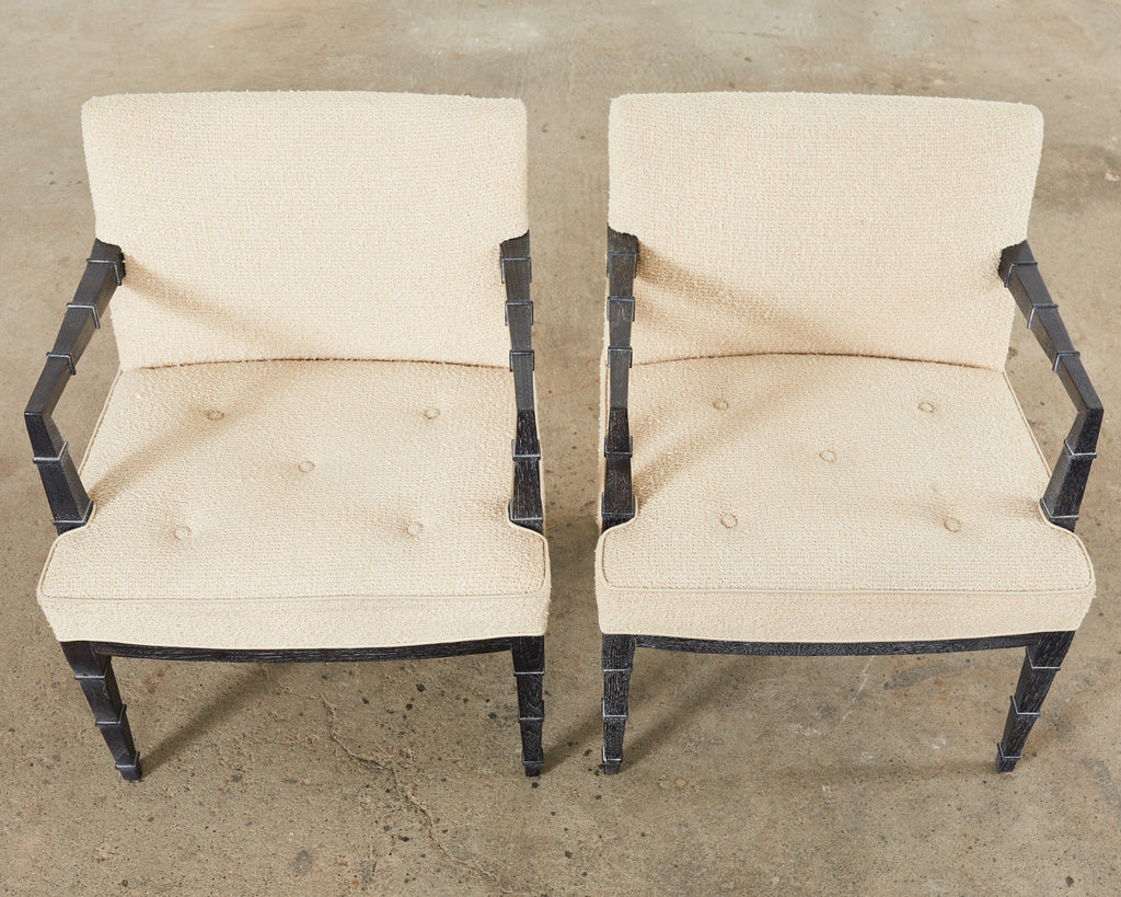 Pair of Modern Cerused Oak Faux Bamboo Bouclé Armchairs