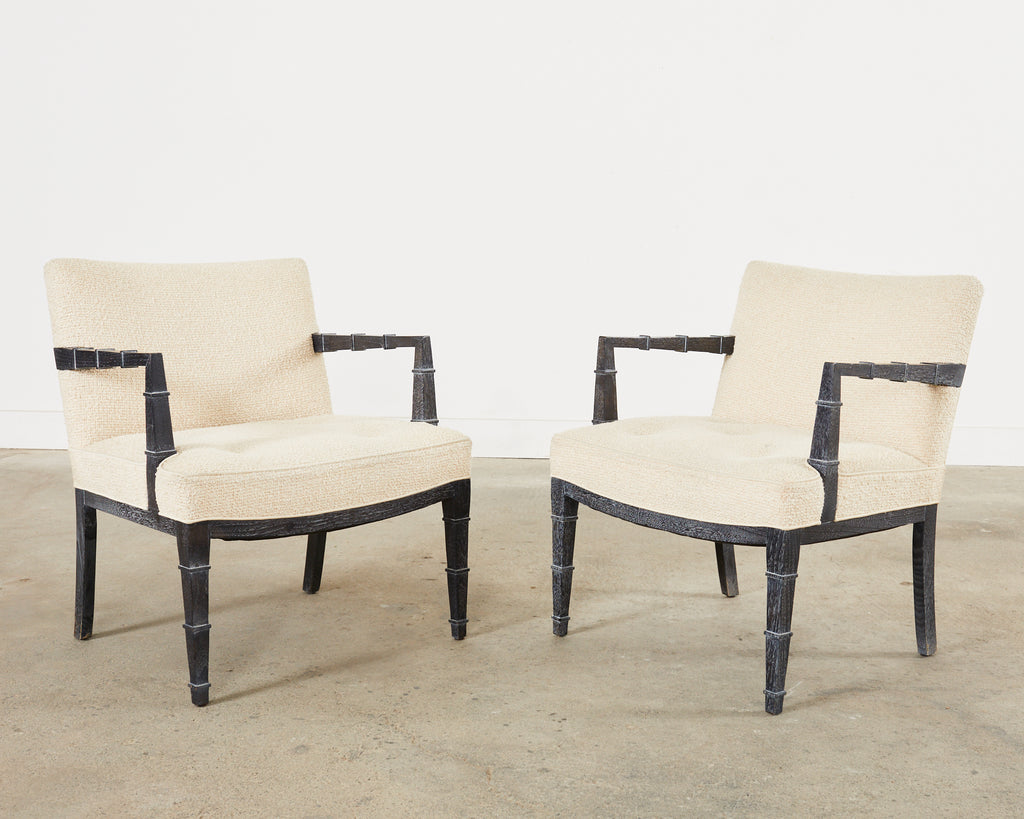 Pair of Modern Cerused Oak Faux Bamboo Bouclé Armchairs