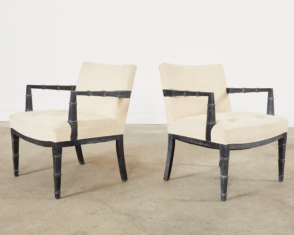 Pair of Modern Cerused Oak Faux Bamboo Bouclé Armchairs