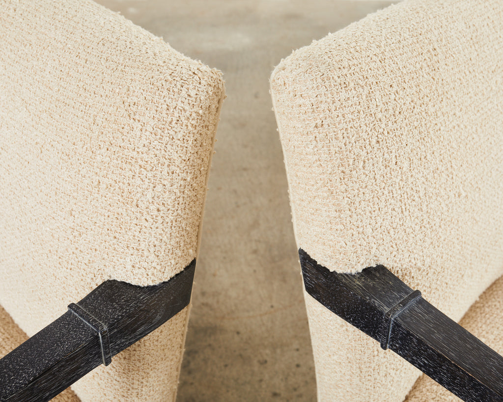 Pair of Modern Cerused Oak Faux Bamboo Bouclé Armchairs