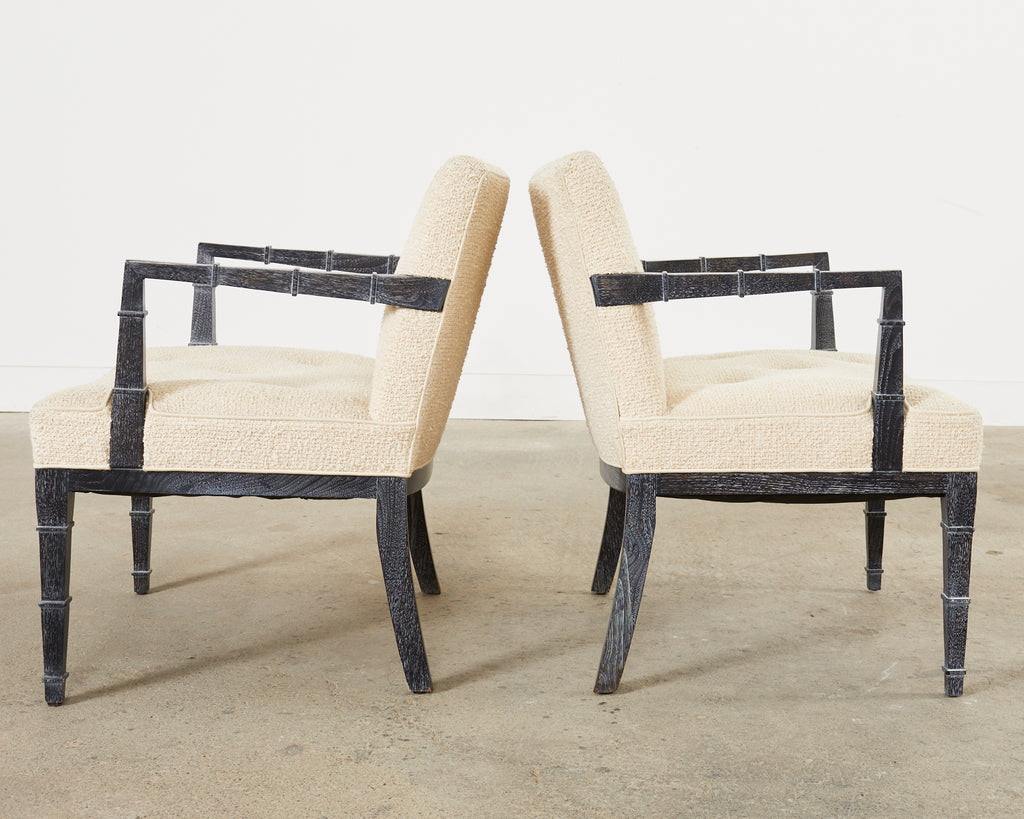 Pair of Modern Cerused Oak Faux Bamboo Bouclé Armchairs