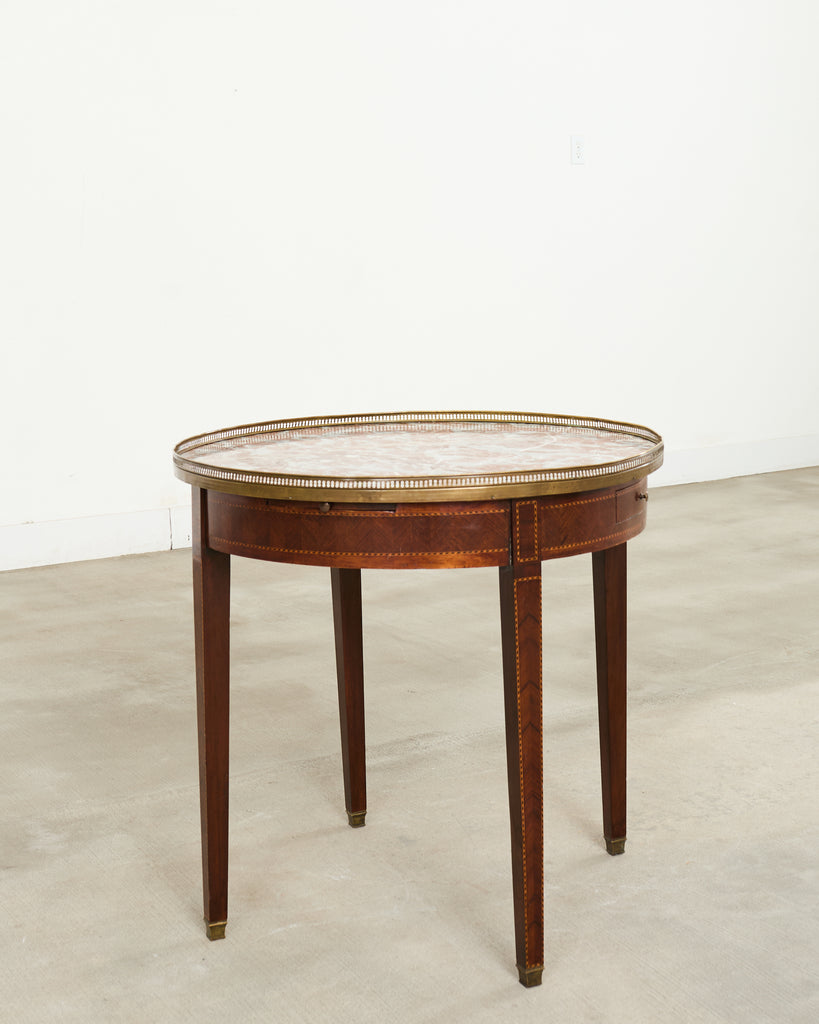 19th Century Louis XVI Style Marble Top Marquetry Bouillotte Table