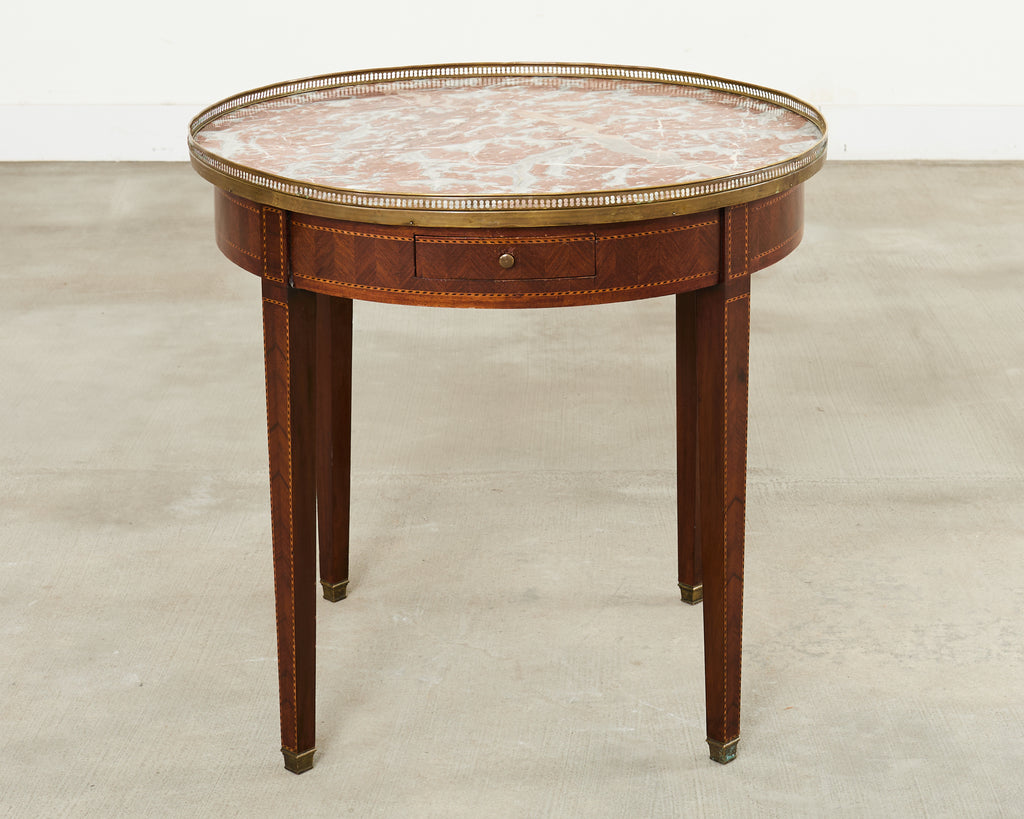 19th Century Louis XVI Style Marble Top Marquetry Bouillotte Table