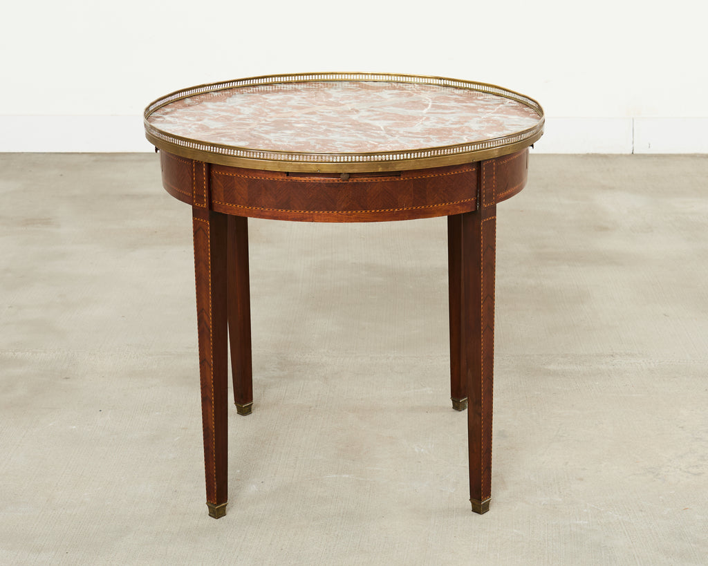19th Century Louis XVI Style Marble Top Marquetry Bouillotte Table