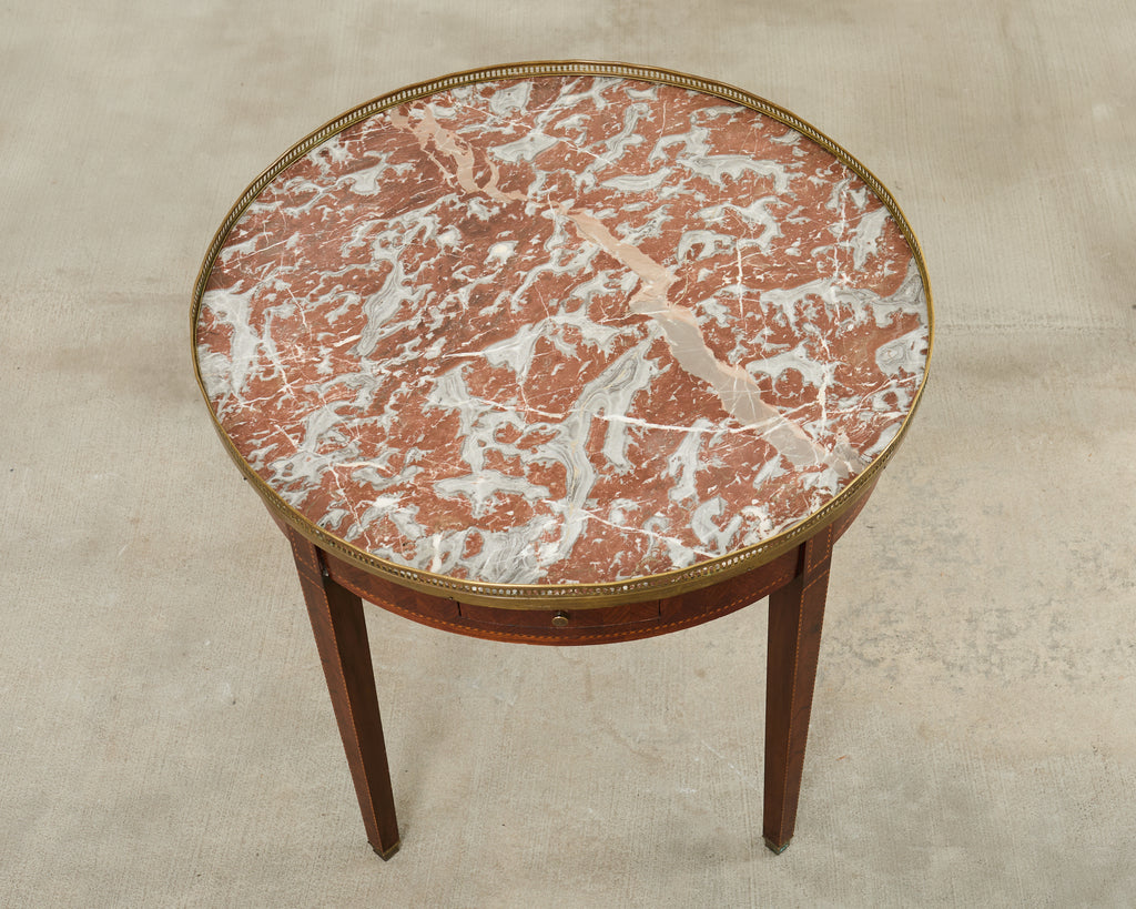19th Century Louis XVI Style Marble Top Marquetry Bouillotte Table