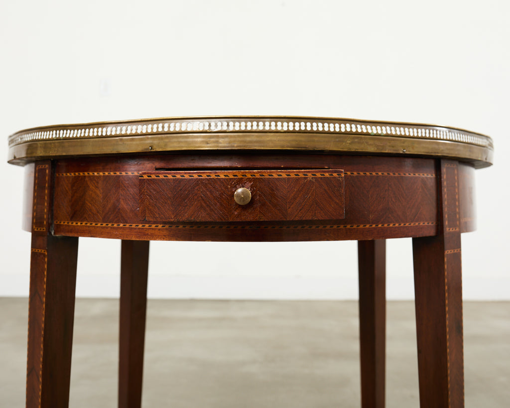 19th Century Louis XVI Style Marble Top Marquetry Bouillotte Table